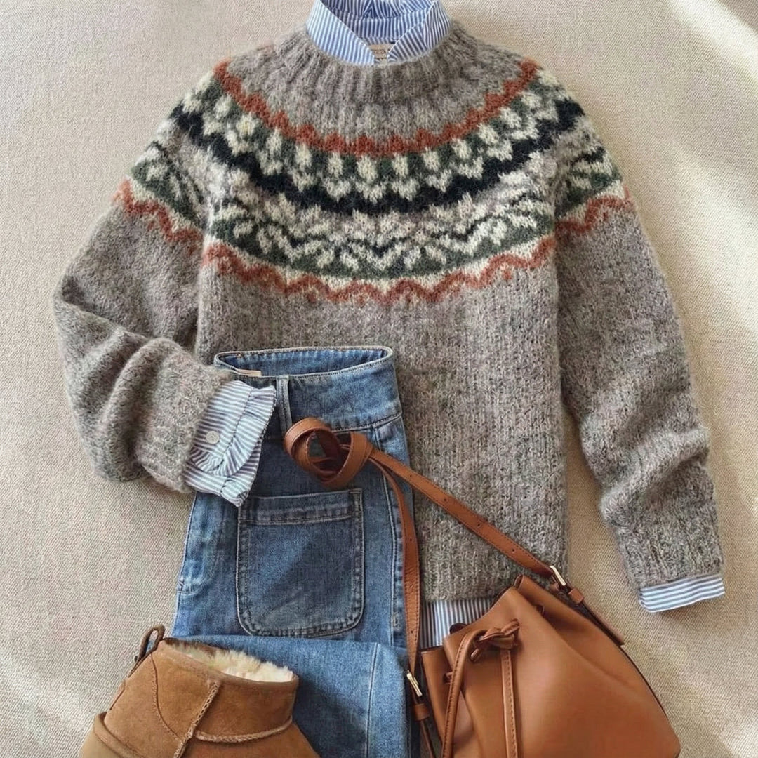 Bequemer Damen Langarm-Pullover mit Nordischem Muster, vielseitig für Freizeit & Winter.