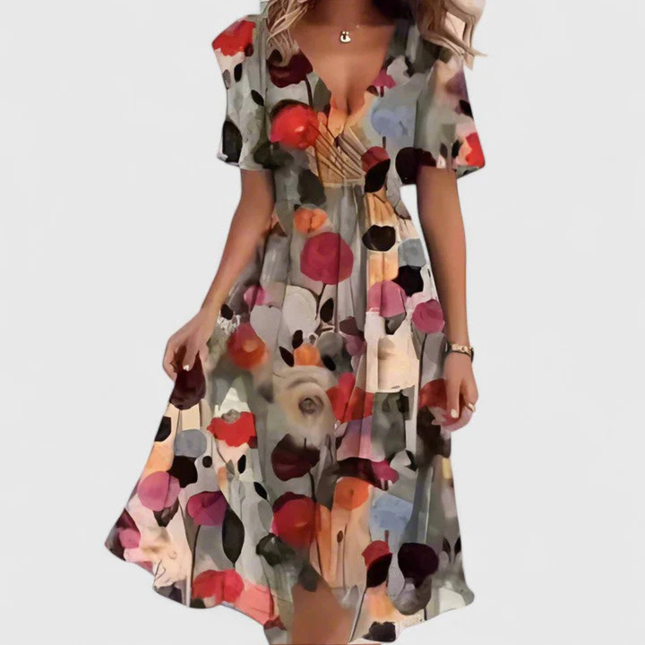 Eleganter V-Ausschnitt des Damen Blumen Midi-Kleides, ideal für festliche Sommerpartys.