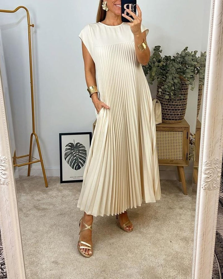Beiges plissiertes Damen Sommer Maxikleid, elegant, bequem, Rundhals, Capsleeves.