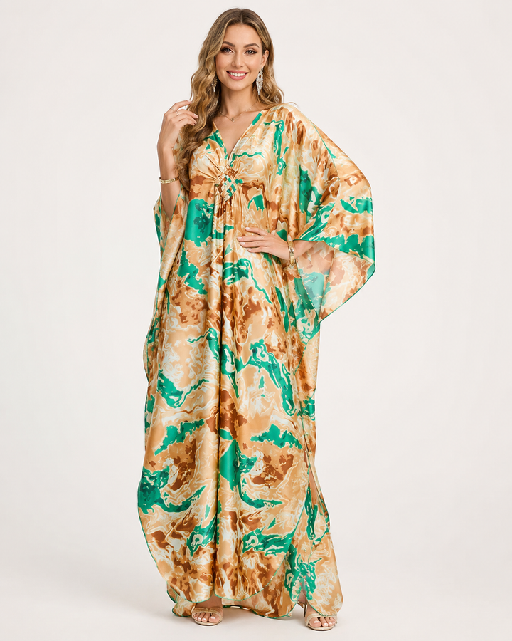 Damen Strand Kaftan Maxikleid, fließend & leicht. Stylisch für Sommer, Urlaub & Freizeit. V-Ausschnitt.