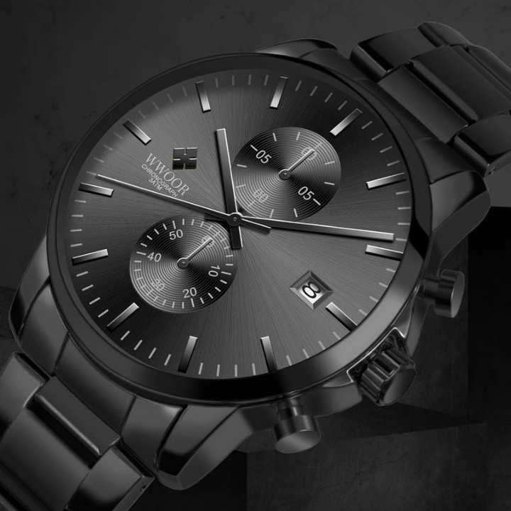Schwarze Herren Business Sport Chronograph Uhr. Elegante Quarzuhr aus robustem Edelstahl.