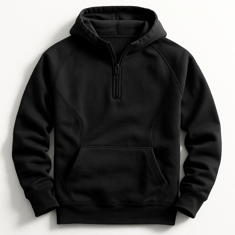Klassischer schwarzer Herren Hoodie Regular Fit mit Kapuze & Rippbündchen. Komfortabler Freizeitschutz.