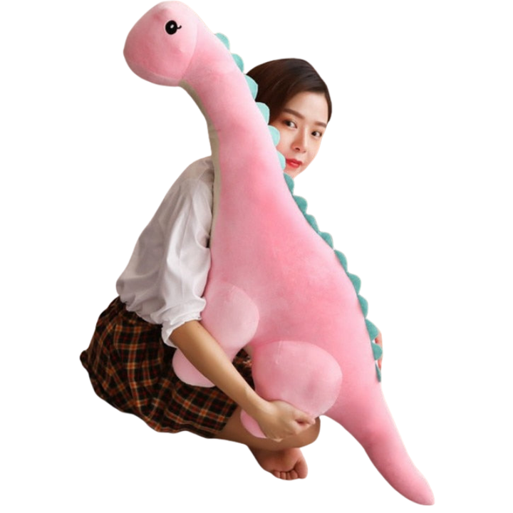 Detailaufnahme eines stehenden Diplodocus Plüschtiers, weich und sicher für Kleinkinder zum Spielen.