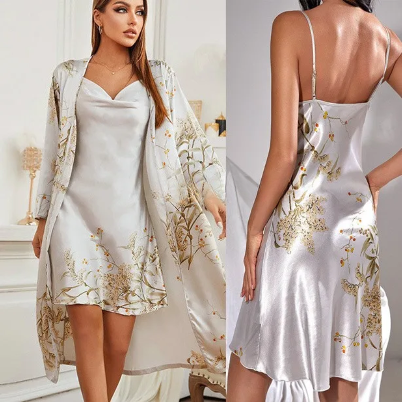 Bequemes Satin-Nachthemd & Kimono-Set für Damen mit floralem Design; perfekte Entspannung zu Hause.