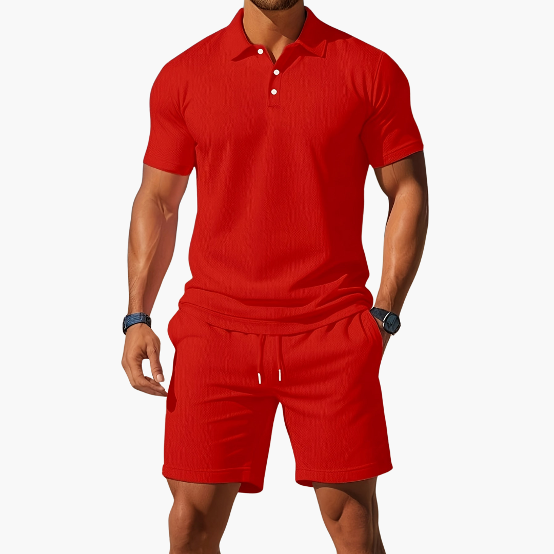 Vielseitiges Herren Sommer Set: Lässiges Polohemd & kurze Shorts, ideal für Strand, Urlaub oder Freizeit.