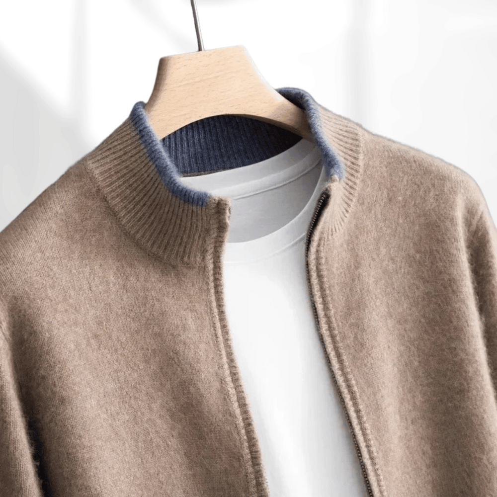 Moderne Herren Reißverschlussjacke Laurent. Hochwertige Kaschmir-Jacke für stilvolle Alltags-Eleganz.