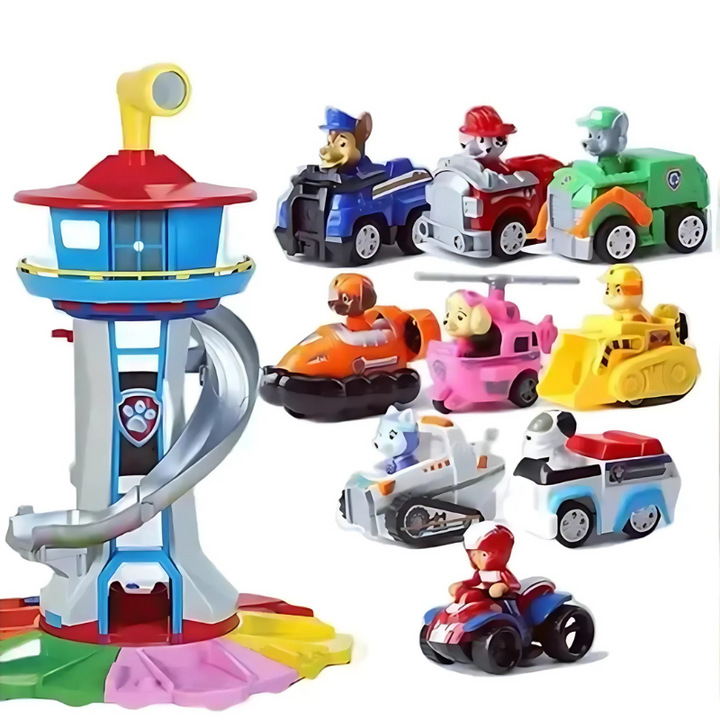Gesamtanblick: Kunststoff-Spielset "Abenteuer Spielturm" mit 9 kleinen Fahrzeugen und Figuren für Kinder.