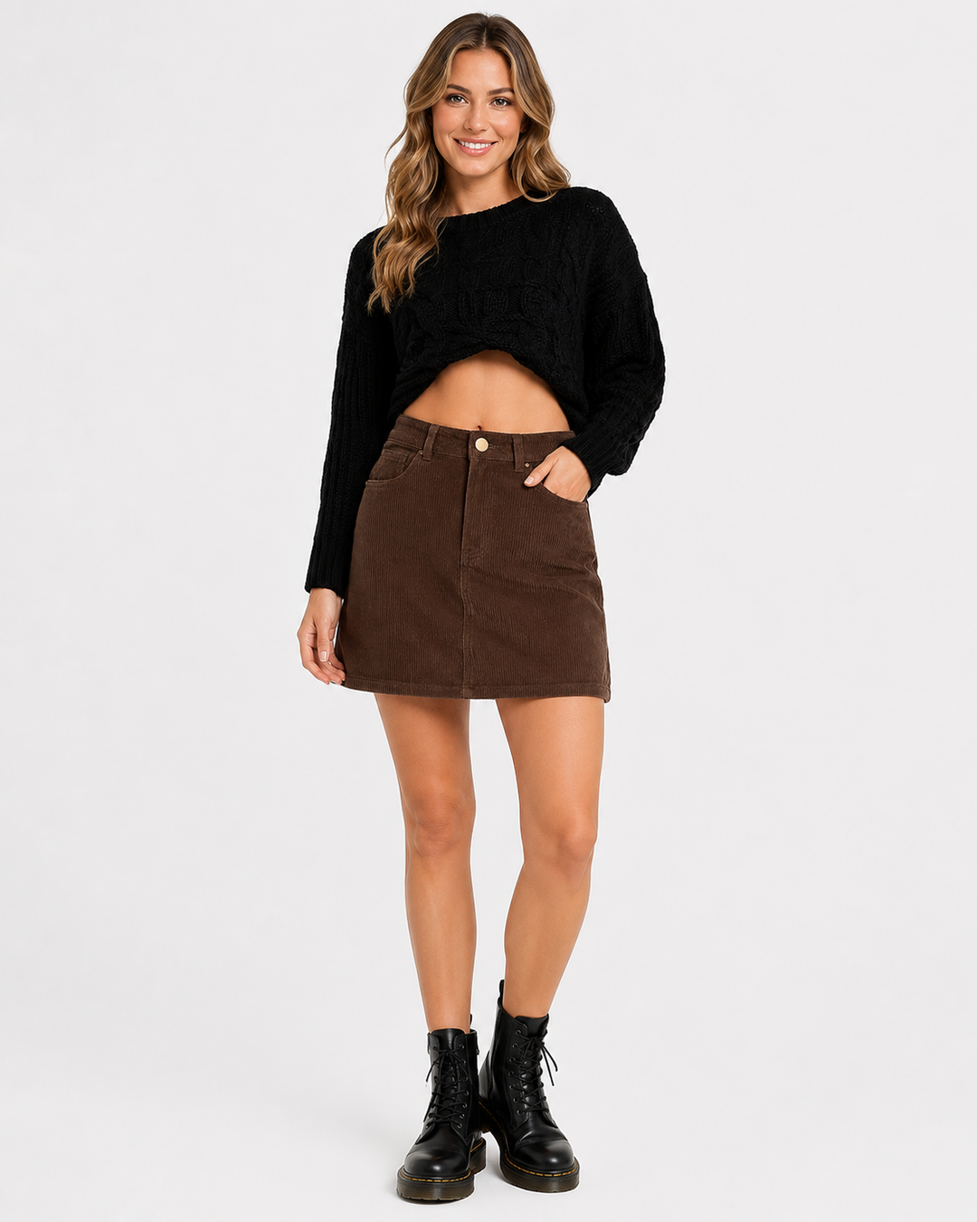 Stilvoller A-Linien Damen Minirock mit hohem Bund. Perfekt für elegante Frühlings- und Herbst-Fashion.