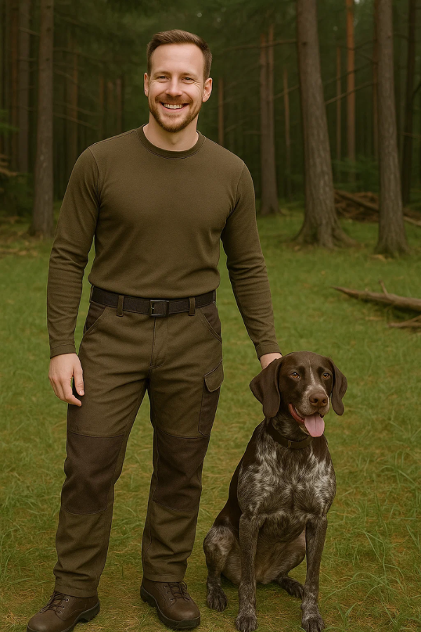 Funktionale dunkelbeige Herren Jagdbekleidung, geräuscharm & atmungsaktiv. Wasserabweisende Outdoor-Trekkinghose.