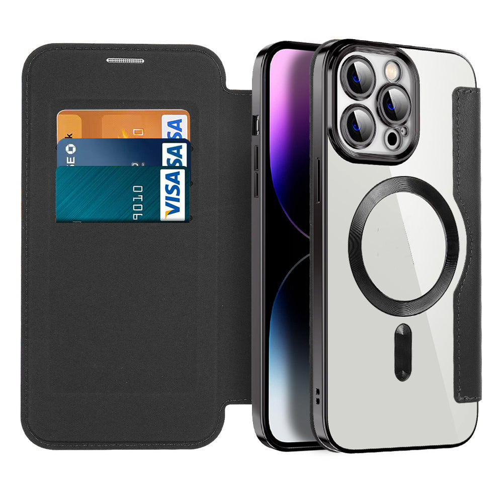 Premium Leder Flip Case für iPhone 14 mit RFID-Schutz und starkem Magnetverschluss, sichere Handytasche.