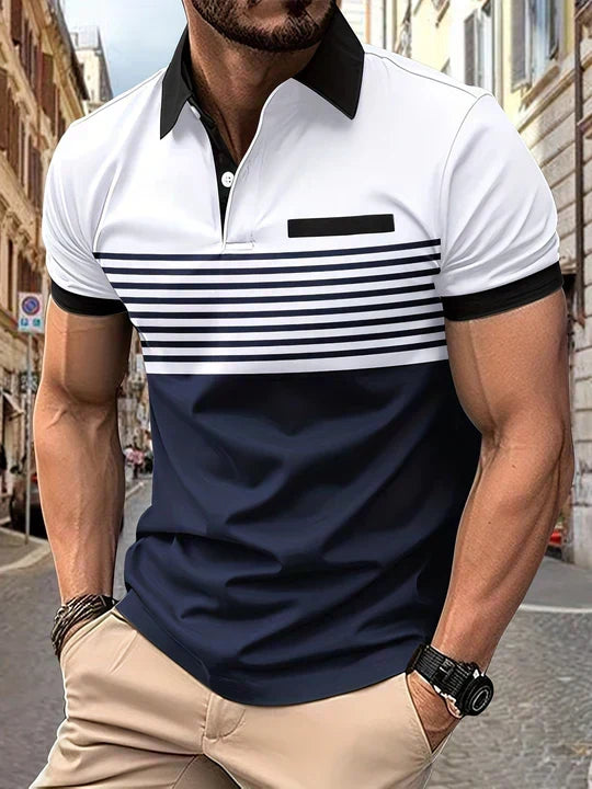 Elegantes Herren Poloshirt mit Streifen, Modell Damian. Perfekt für stilvolle Sommer-Freizeitoutfits.