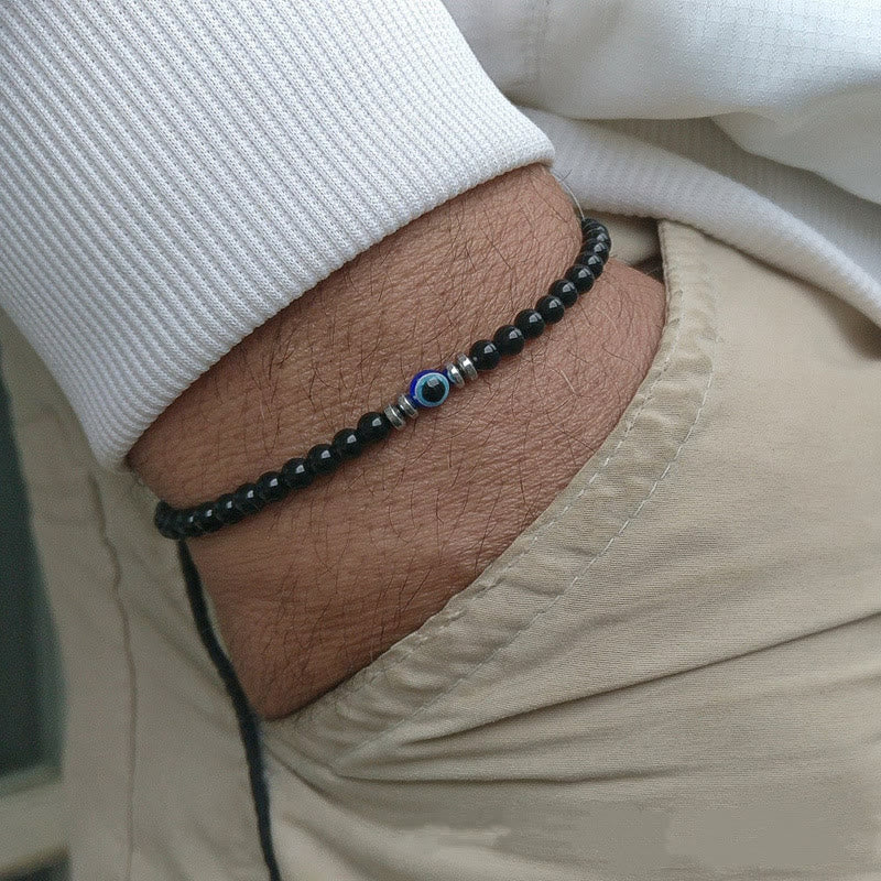 Stilvolles Herren-Natursteinarmband, 4mm Perlen, Böses Auge Anhänger, Edelsteine.