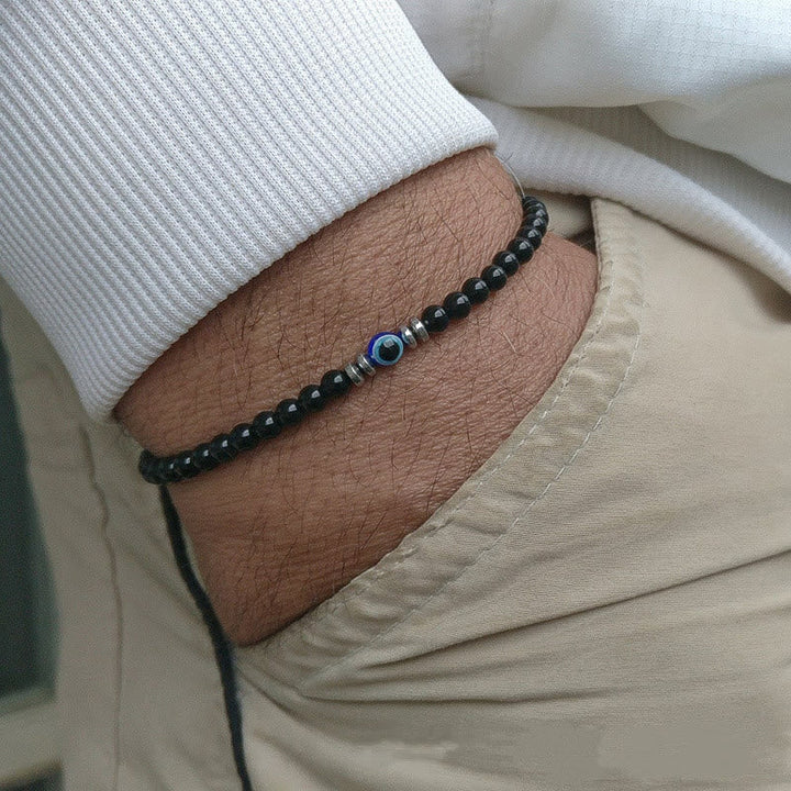 Stilvolles Herren-Natursteinarmband, 4mm Perlen, Böses Auge Anhänger, Edelsteine.