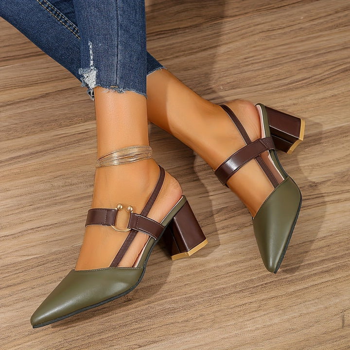 Modische Damenschuhe: Slingback Heels mit Spitzzehen und stabilem Blockabsatz, ideal für jede Gelegenheit.