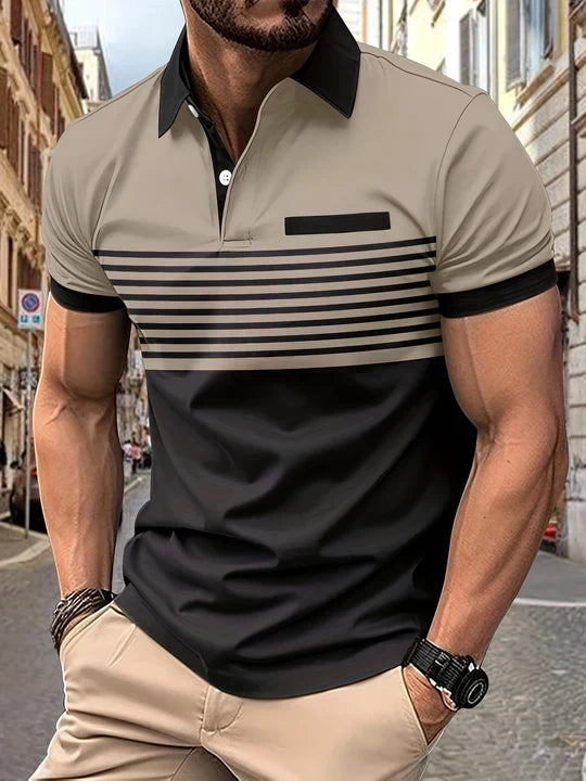 Detailansicht des gestreiften Herren-Poloshirts Damian: Feines Streifenmuster und hochwertige Stoffqualität.