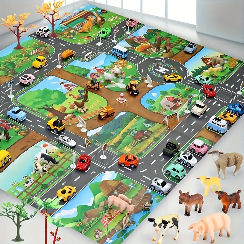 Doppelseitiger Kinder Spielteppich Bauernhof & Verkehr für fantasievolles Rollenspiel im Kinderzimmer.