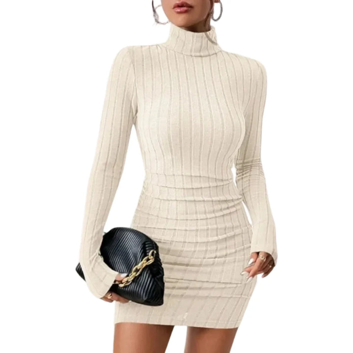 Beiges, langärmliges Minikleid für Damen. Tailliertes Design mit hohem Rollkragen. Freizeit & Business.