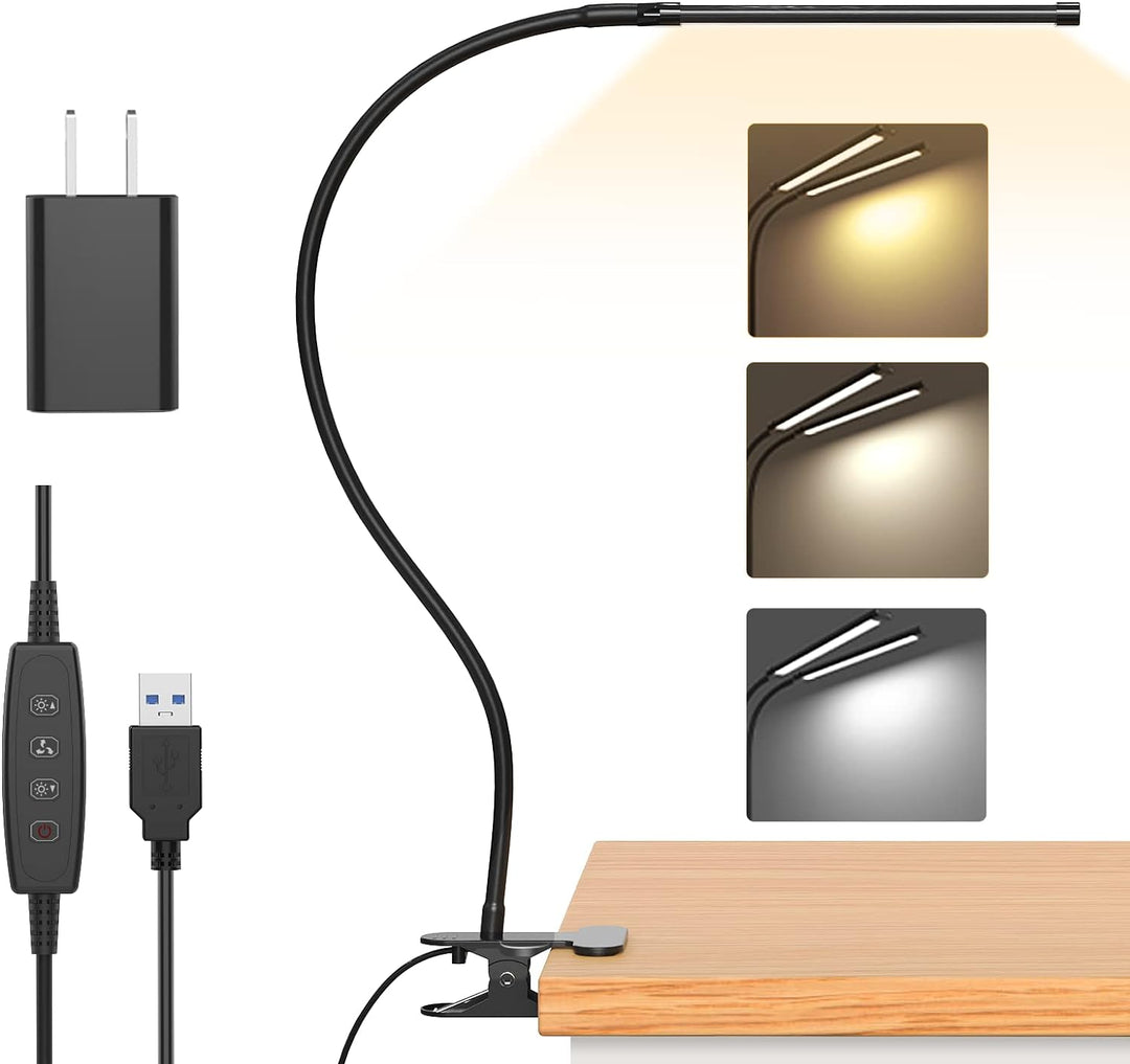 Serava LED Klemmlampe, flexibler Schwanenhals, dimmbar, USB-betrieben. Perfekt für Schreibtisch & Home Office. Augenschonend.