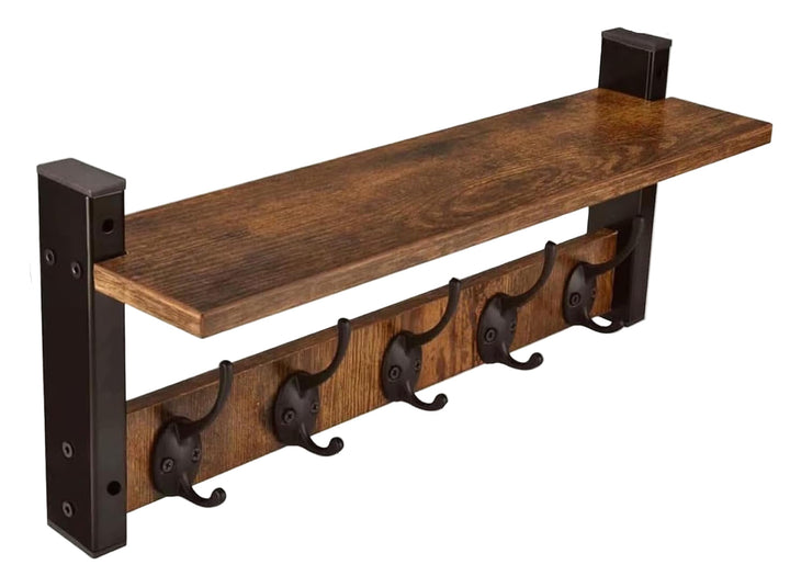 Wandgarderobe mit Regal & 5 Haken, rustikal, aus Holz, für stilvolle Flur-Organisation.