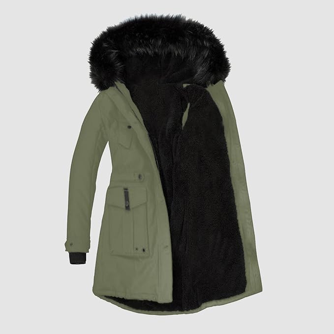 Schwarze, elegante Damen Winterjacke, warm & bequem, mit Kapuze. Stilvoller Wintermantel für optimalen Kälteschutz.