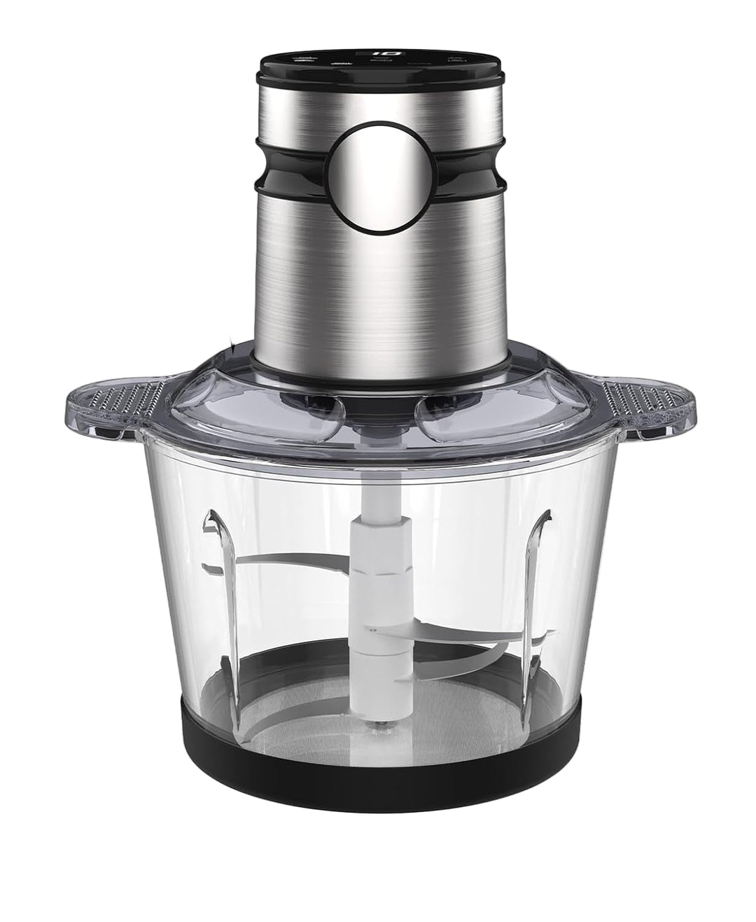 Alle Einzelteile der ChopPro Küchenmaschine: Leistungsstarker Motor, 3L Glasschüssel, scharfe Klingen.