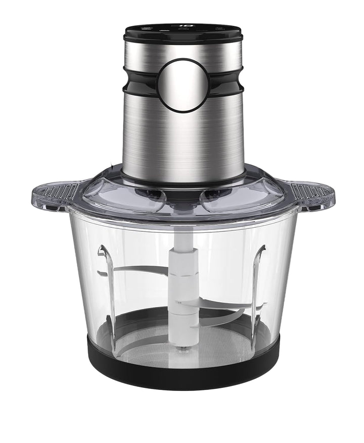 Alle Einzelteile der ChopPro Küchenmaschine: Leistungsstarker Motor, 3L Glasschüssel, scharfe Klingen.