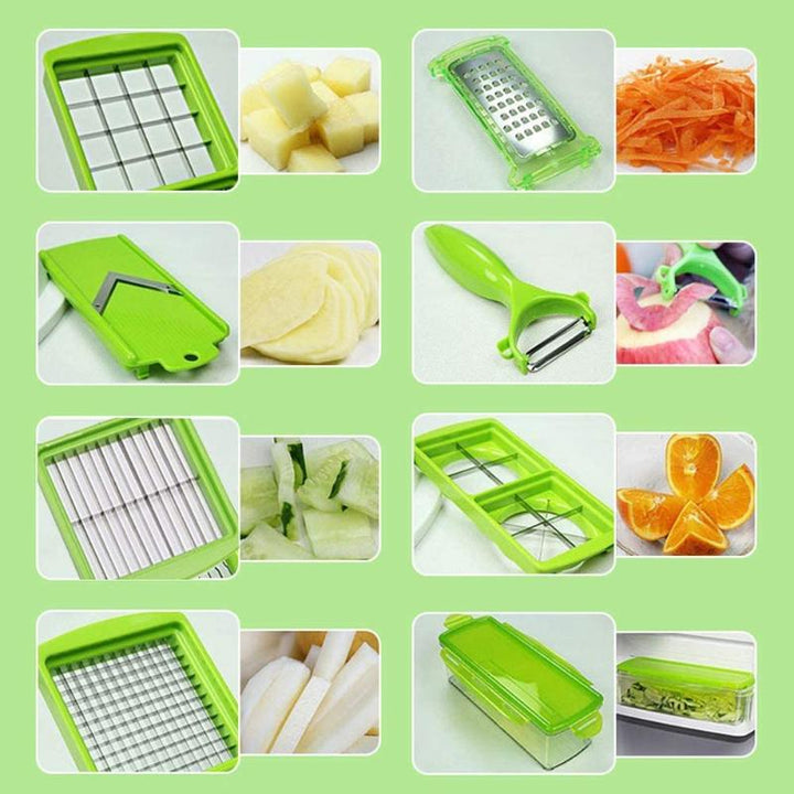 Gemüseschneider SlicePro in Aktion, schneidet Kartoffeln mühelos in gleichmäßige Scheiben; Küchenhelfer.