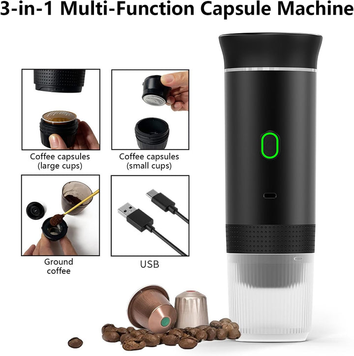 Person bereitet Espresso mit tragbarer Akku-Kaffeemaschine Raverno im Freien zu. Perfekt für Camping.