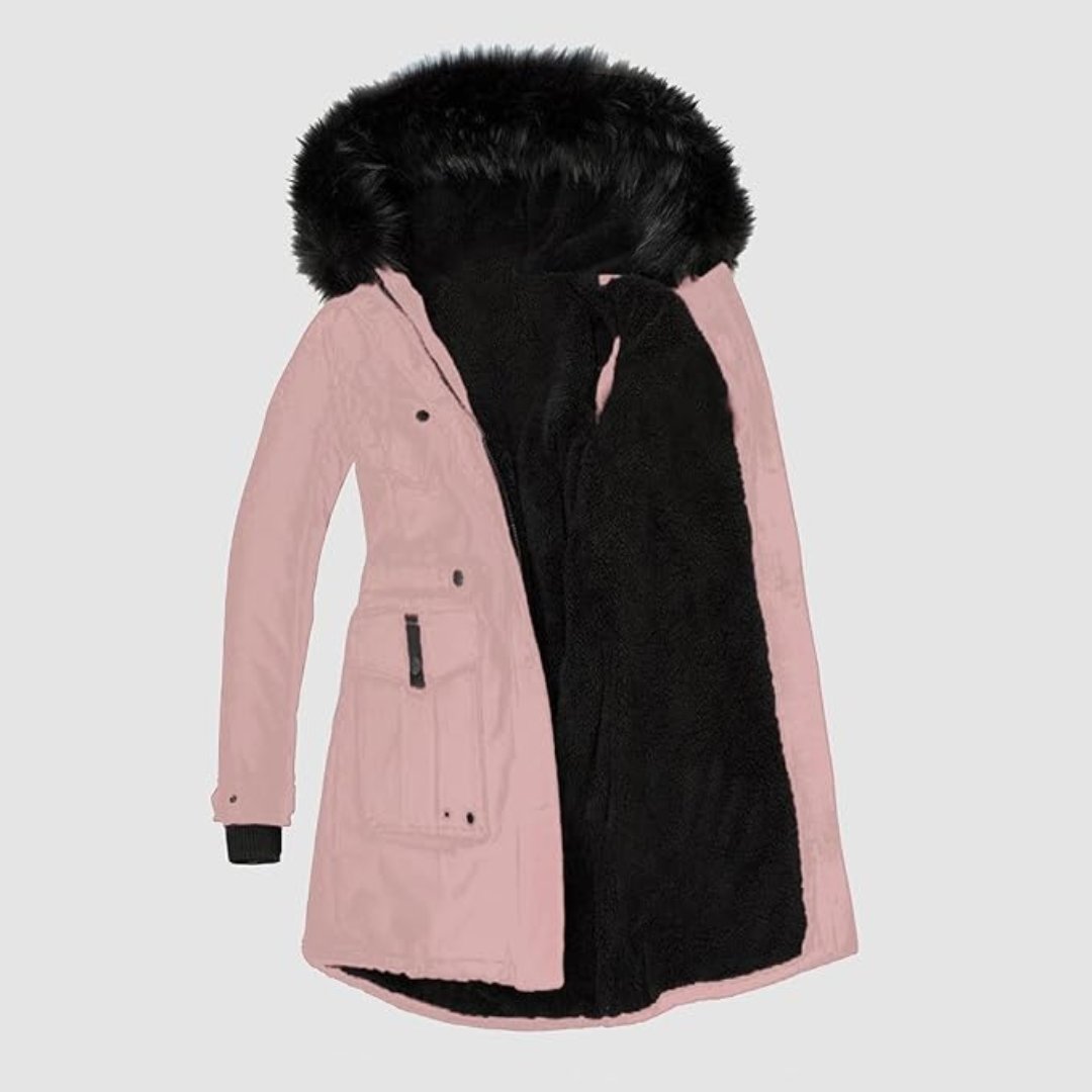 Elegante & warme Damen Winterjacke in Rosa, tailliert mit Kapuze. Perfekter Kälteschutz für stilvolle Winterlooks.