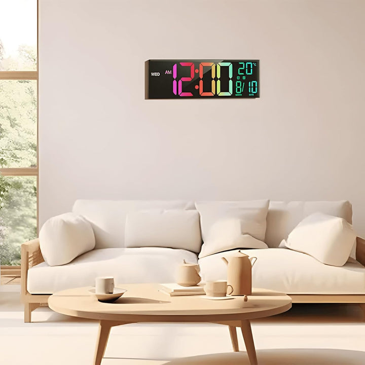 Praktischer 16-Zoll RGB Digitalwecker mit Fernbedienung. Flexibel als Wanduhr oder Tischuhr nutzbar für Zuhause.