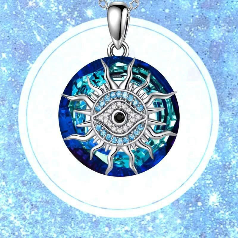 Goldfarbene Damen Halskette mit blauem Böser Blick Anhänger, moderner Schmuck und schützendes Amulett.