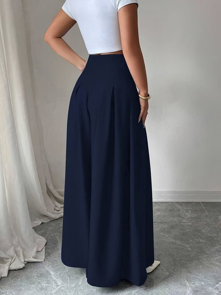 Elegante Damenhose Weitbein High-Waist, moderne Falten, Knopfverschluss, ideal für den Alltag.