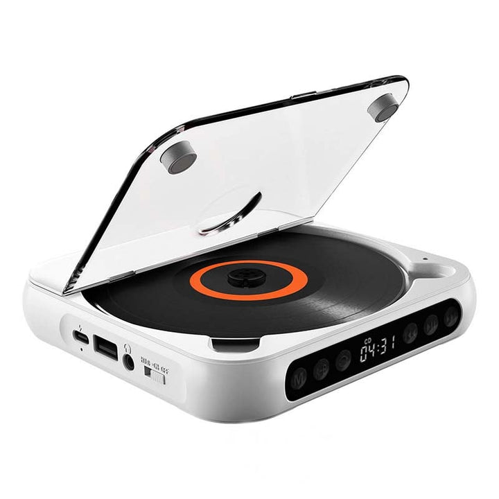Tragbarer CD-Player von vorne, zeigt Display, Steuertasten und CD-Fach.