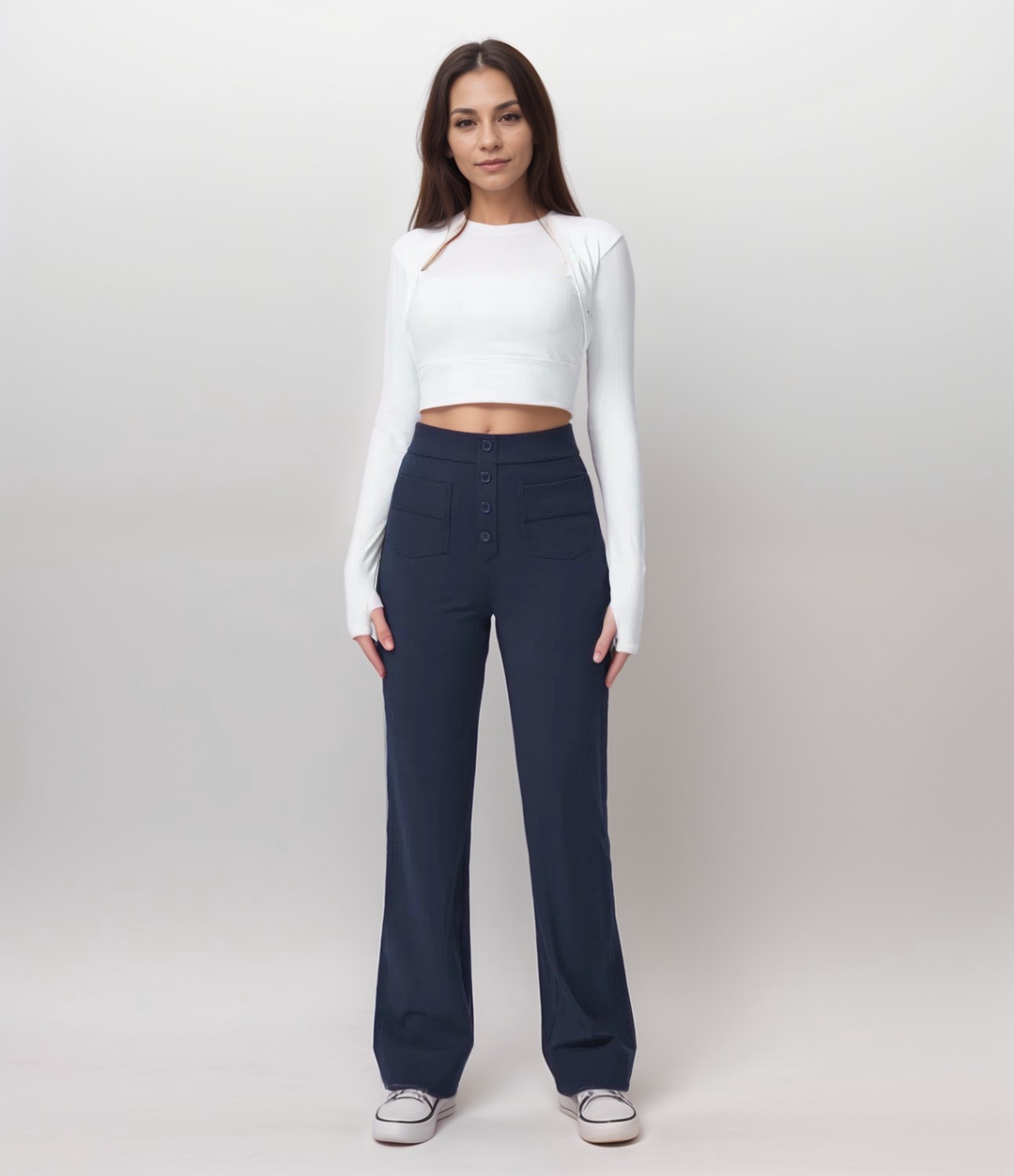 Stretch-Damenhose mit hoher Taille, weitem Bein, figurbetont, für maximale Bewegungsfreiheit.