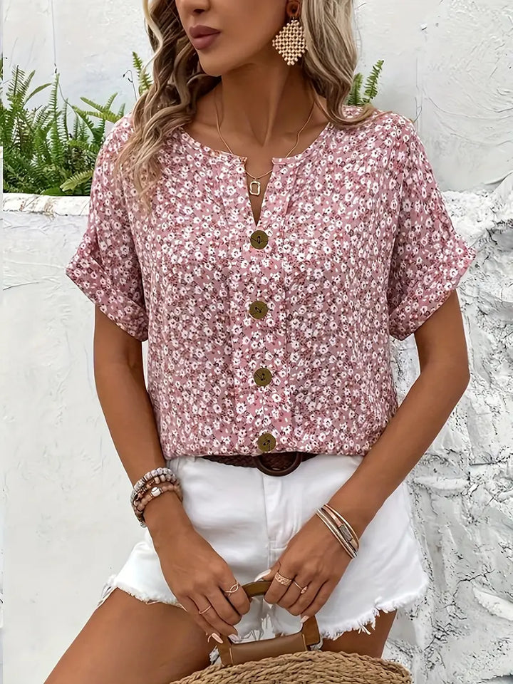 Vielseitige Damen Sommerbluse mit Kurzarm und Knopfleiste, luftiges Blusentop für elegante Freizeitlooks.