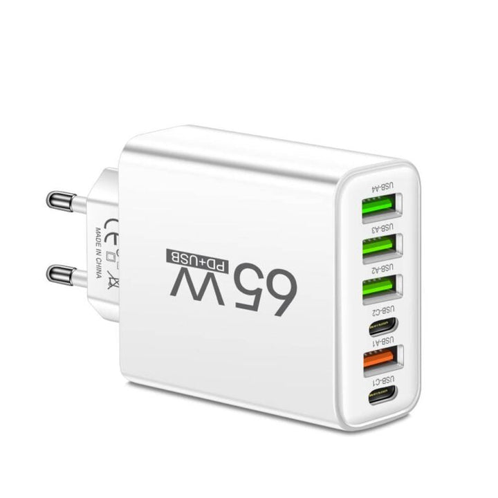 65W 6-in-1 Universal-Schnellladegerät mit USB-C & USB-A Ports, ideal für mehrere Elektronikgeräte.