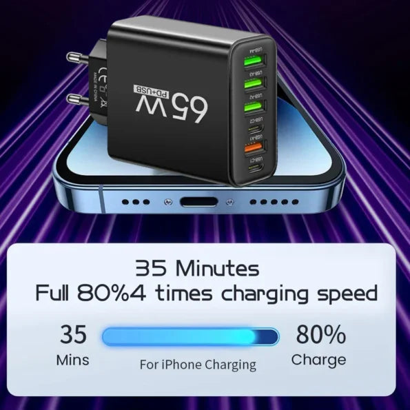 Leistungsstarke 65W Ladestation für mehrere Geräte, USB-C & USB-A Multiladegerät für Büro & Zuhause.