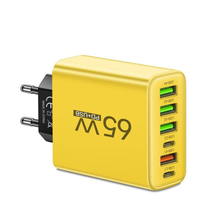 Effizientes 6-in-1 USB-Schnellladegerät, 65W Leistung für das gleichzeitige Laden von sechs Geräten.