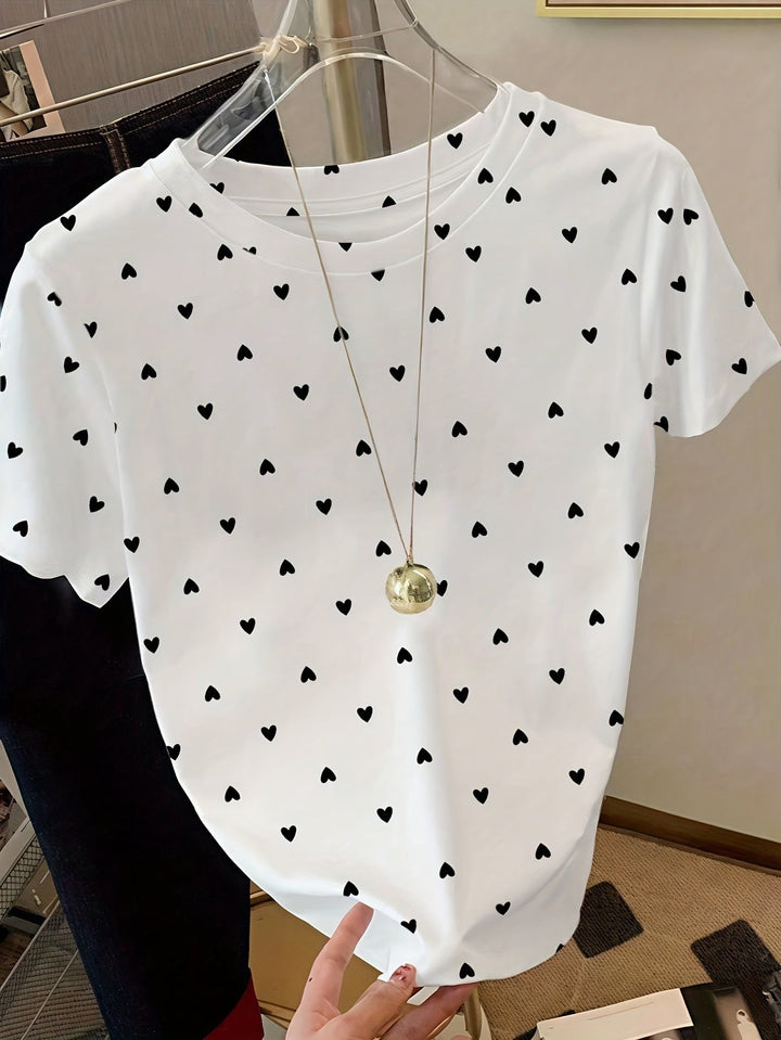 Modisches Damen Rundhals-T-Shirt mit charmantem Punkt- & Herzmuster.