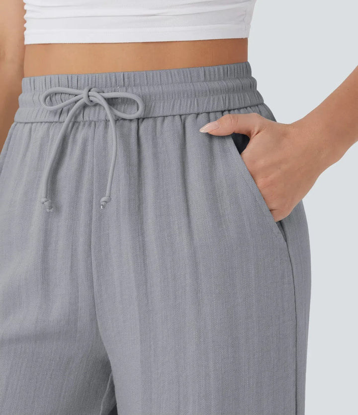 Beige Damen-Freizeithose, weites Bein. Atmungsaktiv & modisch, ein Must-have für den Sommer.