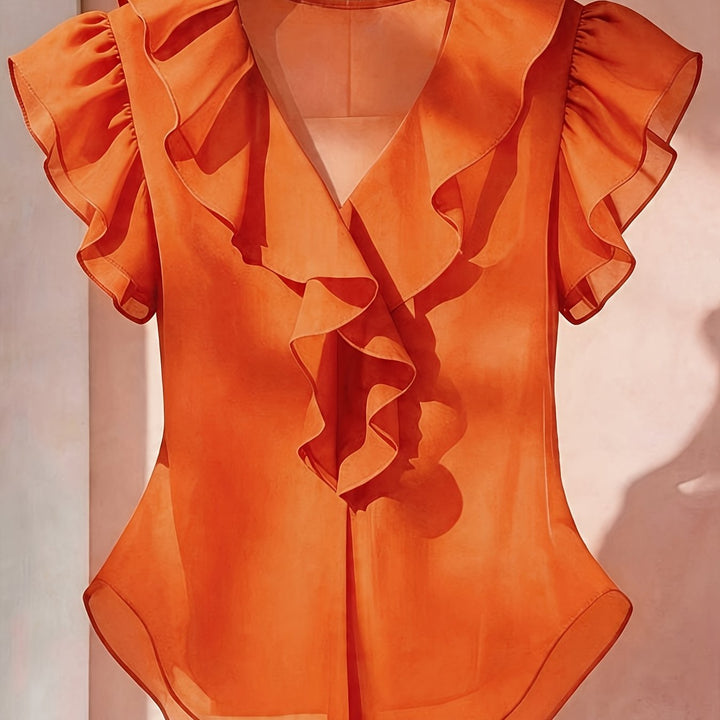 Frühlingshafte Damen Rüschenbluse, V-Ausschnitt, Volantärmel, lockerer Schnitt, blau.