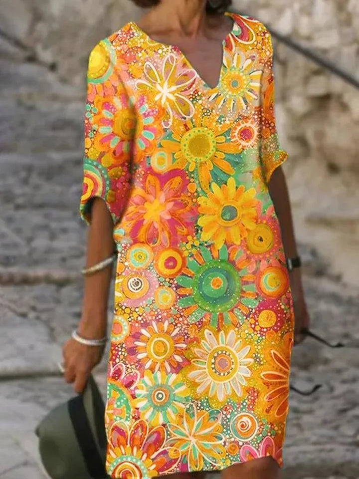 Komfortables Damen Herbstkleid, Langarm Blumenkleid im V-Ausschnitt Design. Vielseitiges Midikleid für den Alltag.