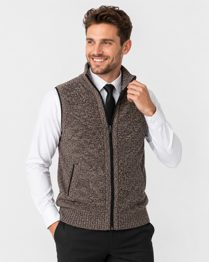 Modische Herren Strickweste in Wolle mit Samtfutter, ärmellos und elegant für Business & Freizeit.