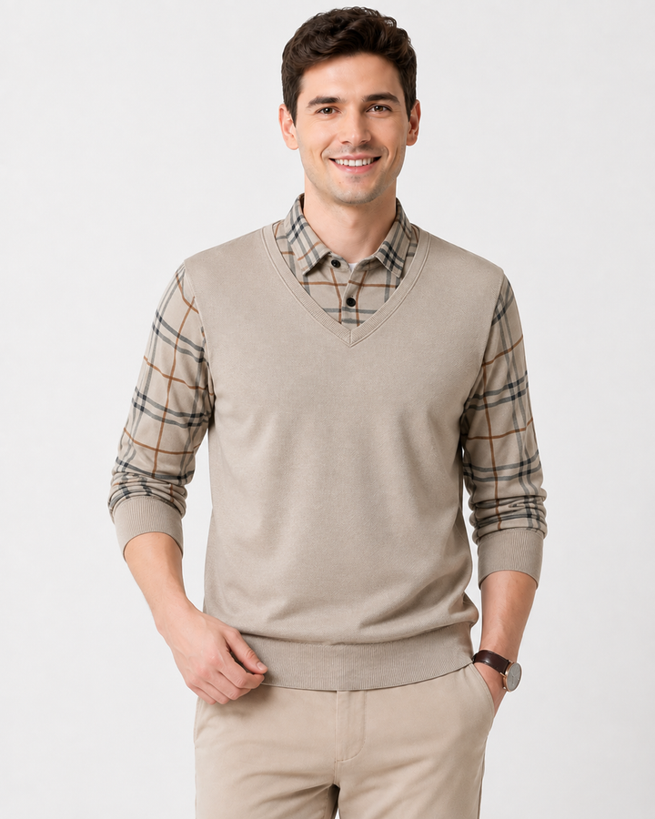 Eleganter Herren V-Ausschnitt Strickpullover. Klassischer Slim Fit Pullover, perfekt für stilvolle Herrenmode.