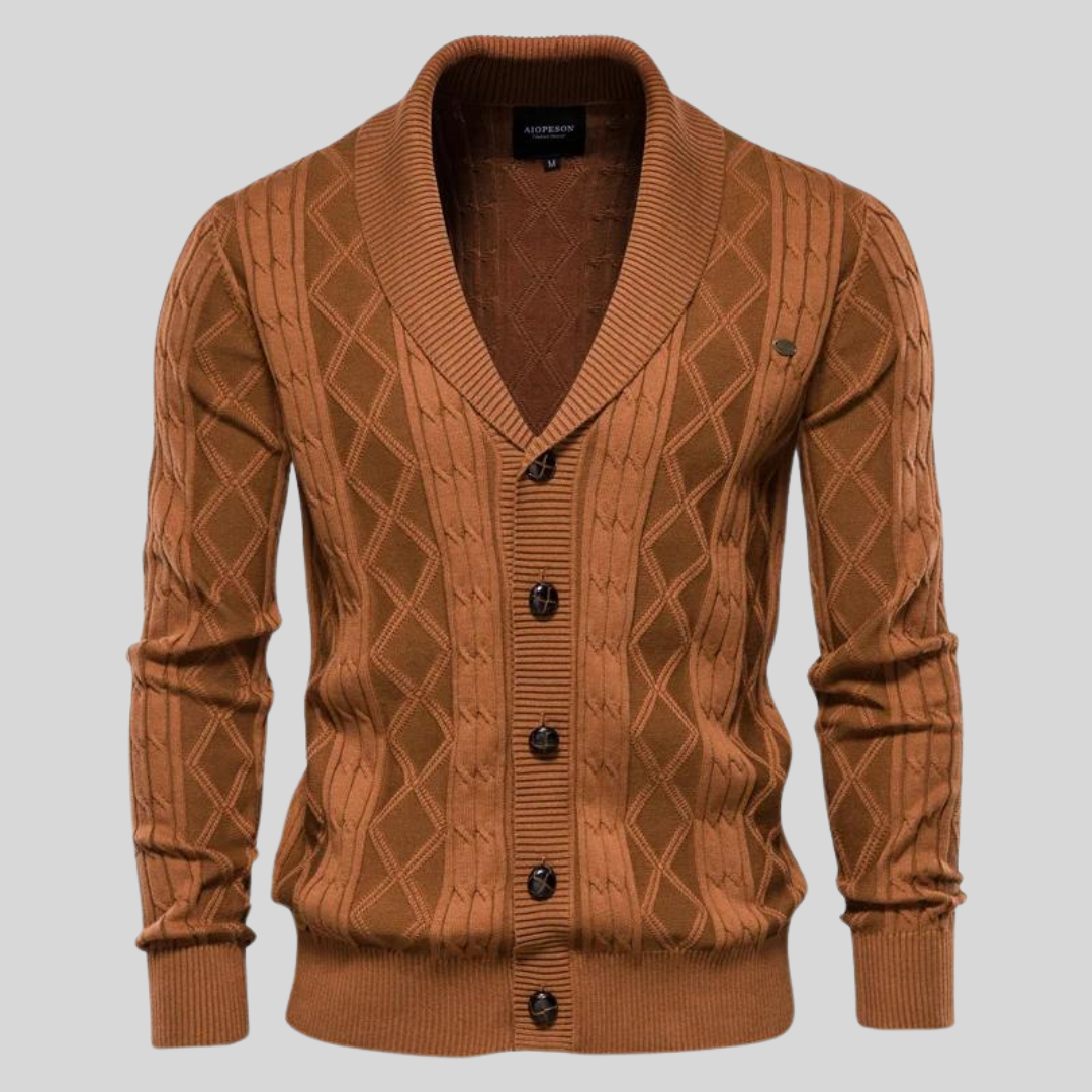 Klassischer Herren Strick-Cardigan mit V-Ausschnitt und Knopfverschluss. Zeitlose Herrenbekleidung für vielseitige Looks.