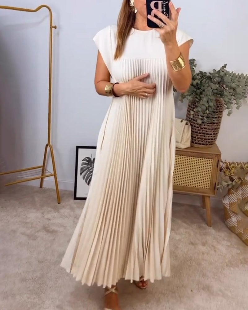 Elegantes Damen Sommer Maxikleid, plissiert, langes Freizeitkleid, bequem, Rundhals.