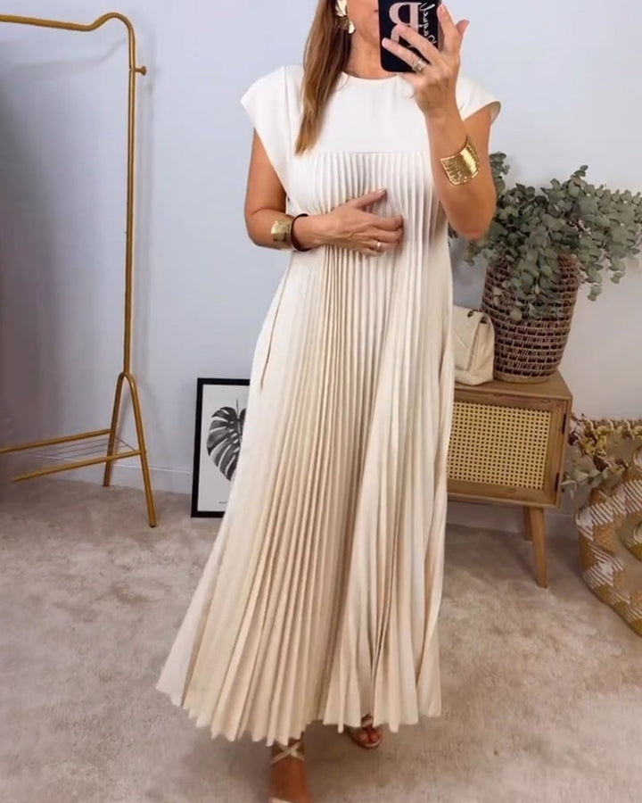 Elegantes Damen Sommer Maxikleid, plissiert, langes Freizeitkleid, bequem, Rundhals.