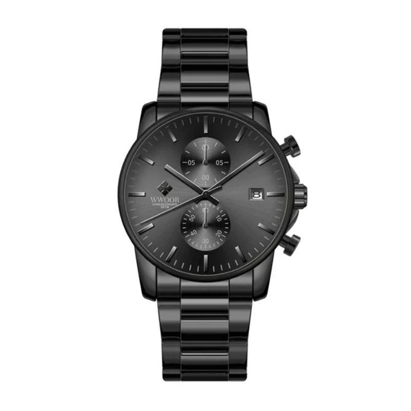 Elegante schwarze Herren Business Sport Chronograph Quarzuhr aus Edelstahl.