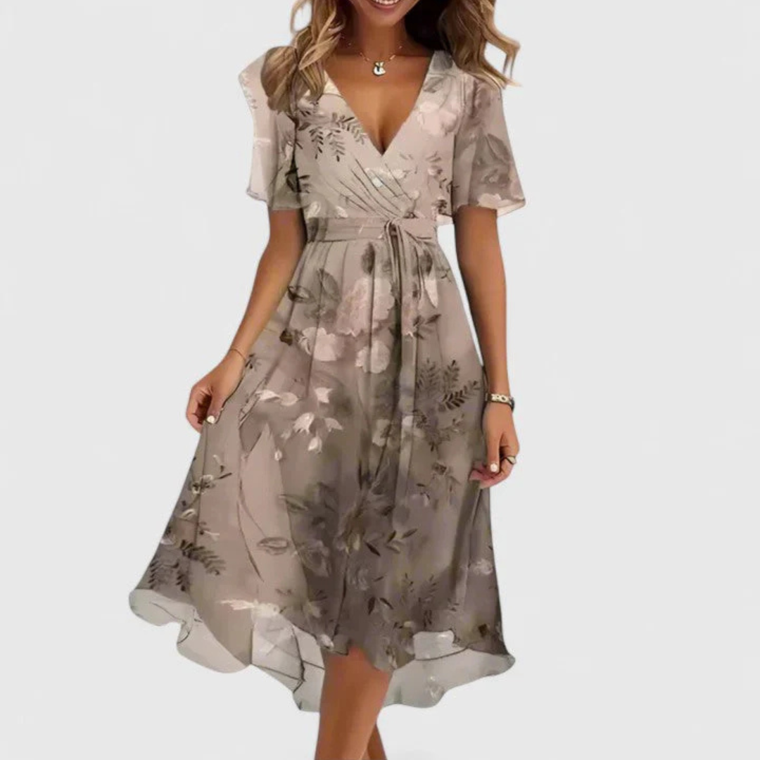 Damen Sommer Midi-Kleid mit Blumenmuster & V-Ausschnitt. Luftiges, feminines Freizeitkleid.