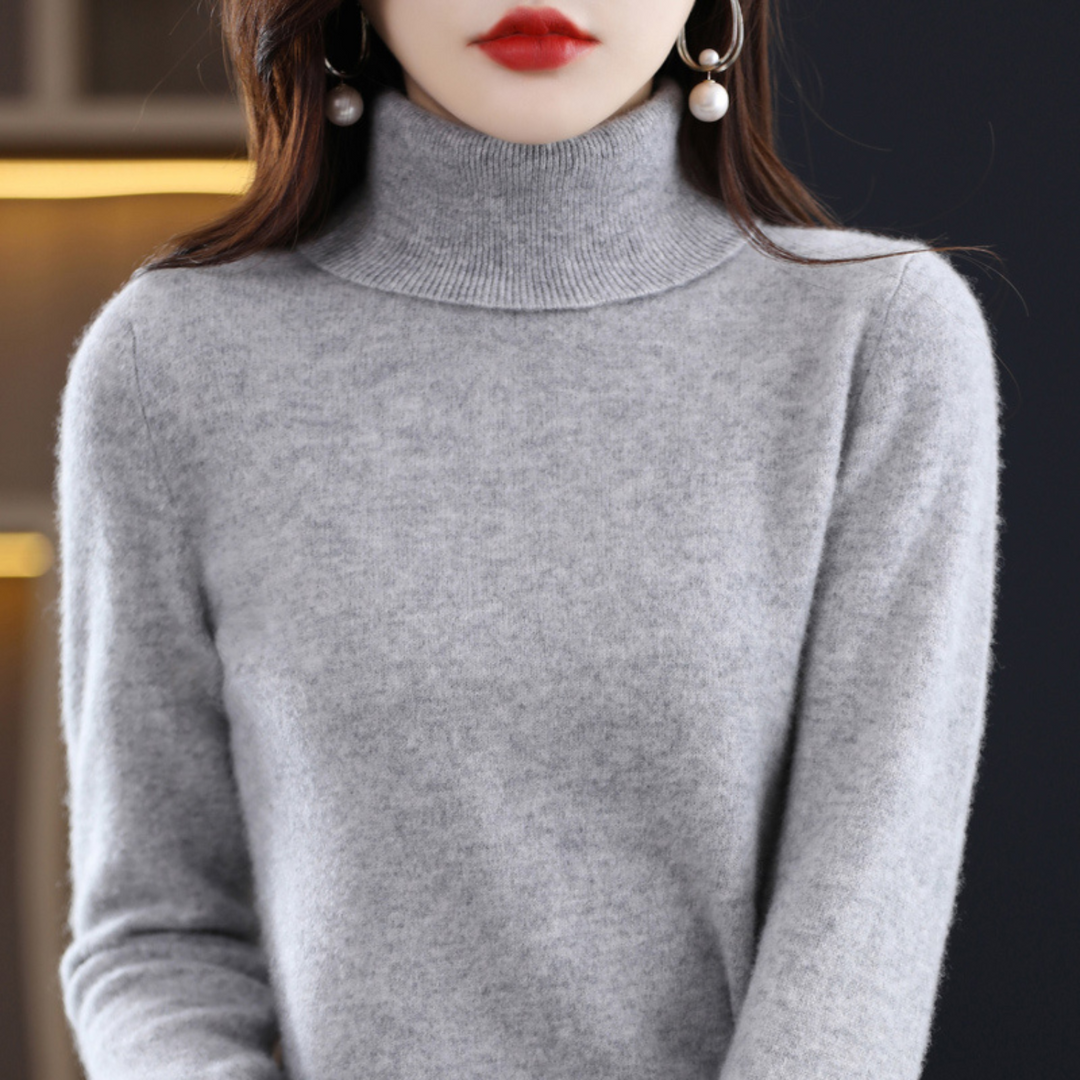 Komfortabler Damen-Rollkragenpullover Elena aus Kaschmir. Ideal für kalte Tage, elegant und kuschelig.